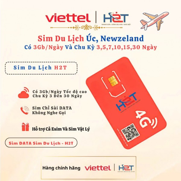Sim Data Du Lịch Úc New Zealand 3GB/Ngày Internet Cao Cấp | H2T